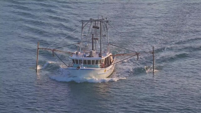 Shrimp boat navigating calm ocean waters during sunny morning aerial view.