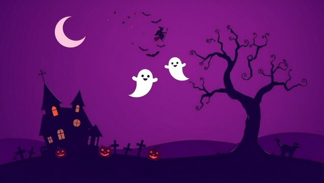 Two cute ghosts flying in a spooky halloween night landscape with a haunted house and a crescent moon