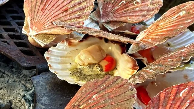 Grilled scallops in shells cooking on open fire outdoor close up shot.