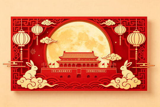 Mid-Autumn National Day double festival red paper-cut display board