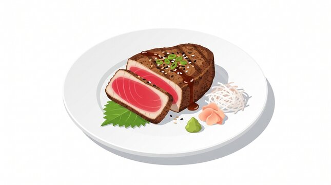 Isometric illustration of a seared tuna steak on a white plate
