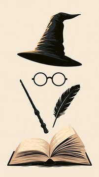 Vintage ink sketch of wizard hat, round glasses, carved wand, feather quill, and open book on beige background for magic academy book cover designs
