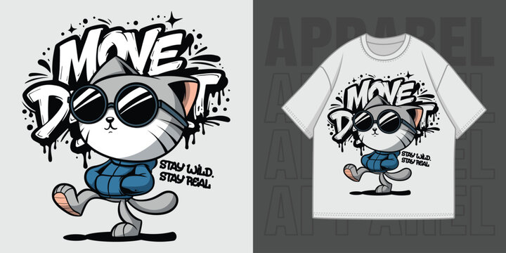 HAND DRAWING HIP HOP CAT ILLUSTRATION T-SHIRT APPAREL PRINTING DESIGN
