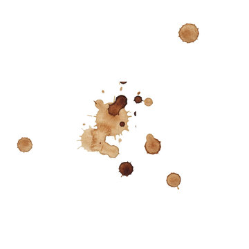 Scattered brown coffee stains and circular liquid splatter marks on a surface isolated on a transparent background