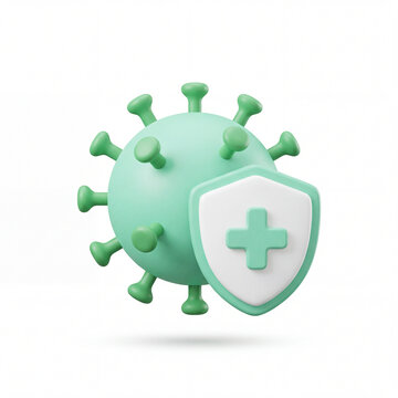 Virus Cell with Medical Protection Shield. 3D Icon on White Background
