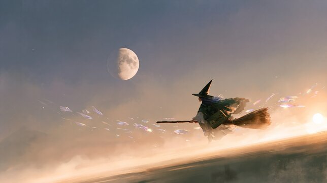 Witch flying on broomstick over misty landscape under glowing full moon at sunset, magical Halloween fantasy concept art for posters, flyers and greeting cards
