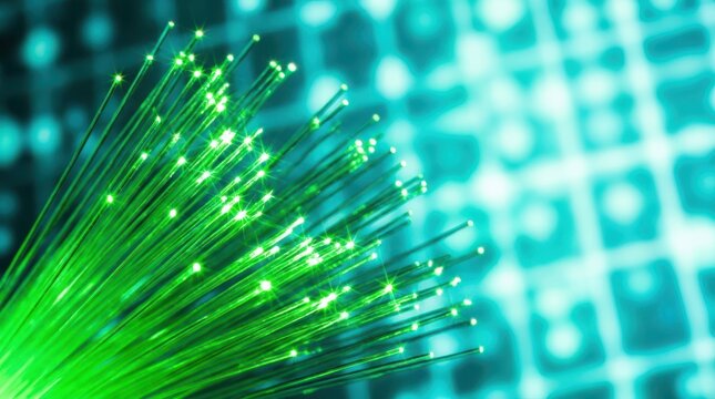 Glowing green fiber optic bundle radiating light against cyan digital pattern for futuristic network concepts.