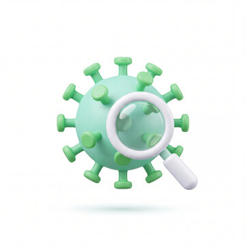 Virus Cell and Magnifying Glass Medical Research. 3D Icon on White Background