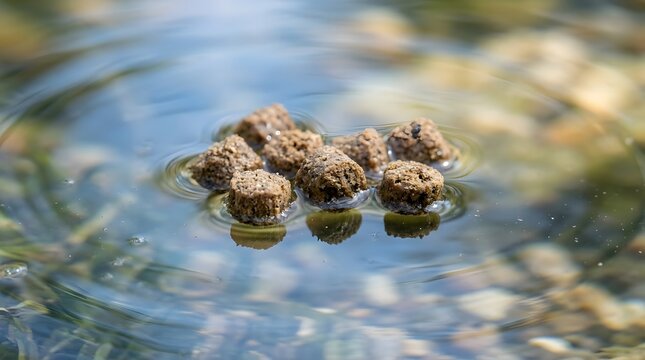 Floating Fish Feed Pellets Creating Water Ripples in Farm Pond