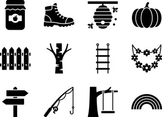 Obraz premium A collection of black silhouette icons depicting nature agriculture and outdoor activities.