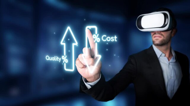 A businessman engages with virtual reality to assess cost and quality metrics, showcasing modern technology impact on corporate decision-making. Raster