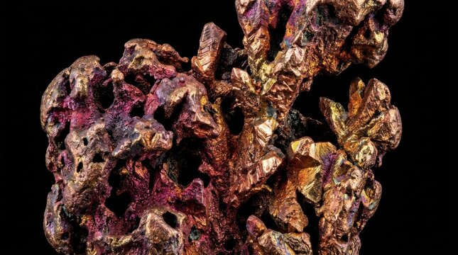 Macro view of native copper specimen with detailed crystalline cavities and iridescent metallic oxidization.