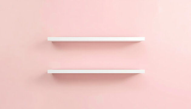 Pink shop shelf hanging on wall for mockup. Valentines theme design concept. Empty two bookshelf on pastel background or texture in bookstore. 3d rendering. Art object idea