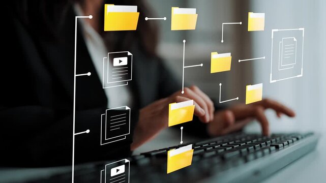 Creative concept of digital storage with folders and documents, business professional working on a computer keyboard in modern office environment Gluon.