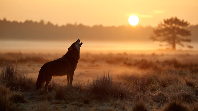 wolf howling at sunset
