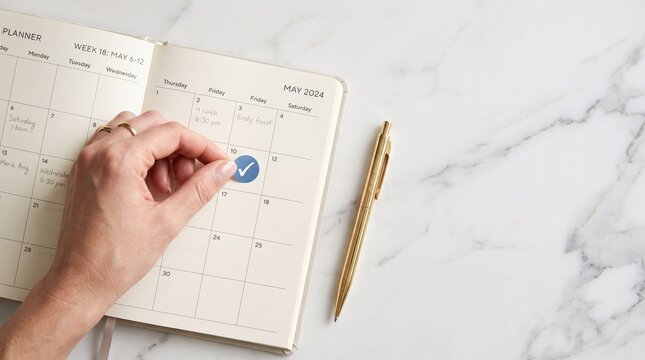 Hand placing checkmark sticker on calendar planner for May 2024, scheduling appointments, time management, gold pen on marble desk, organization, productivity, business agenda