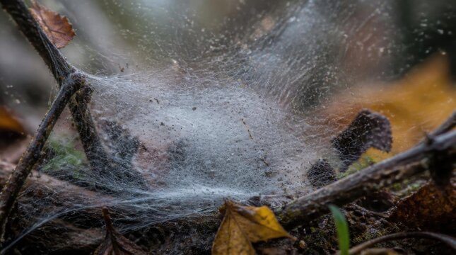 Dense white spider web spun across damp forest floor twigs and fallen autumn leaves