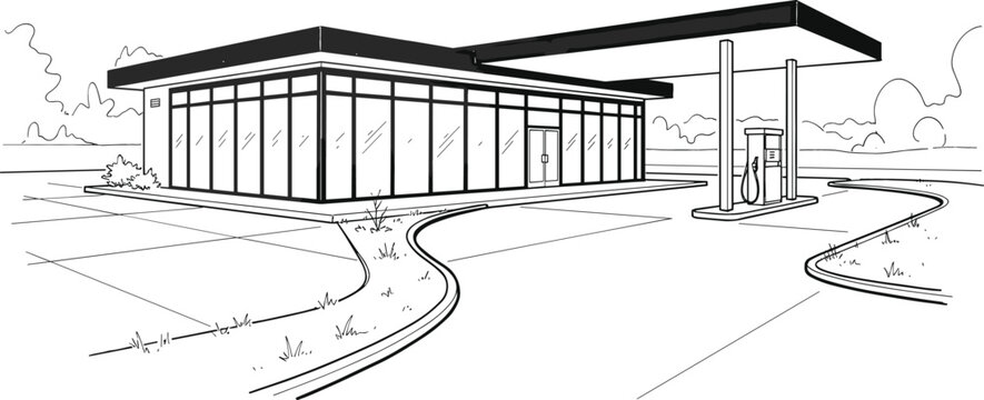Hand drawn modern gas station exterior vector illustration with line art fuel pump and convenience store