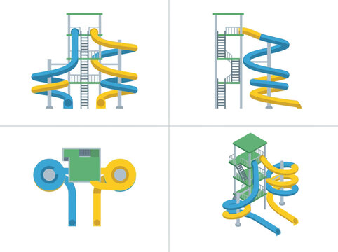 Water slide tower isometric vector illustration set