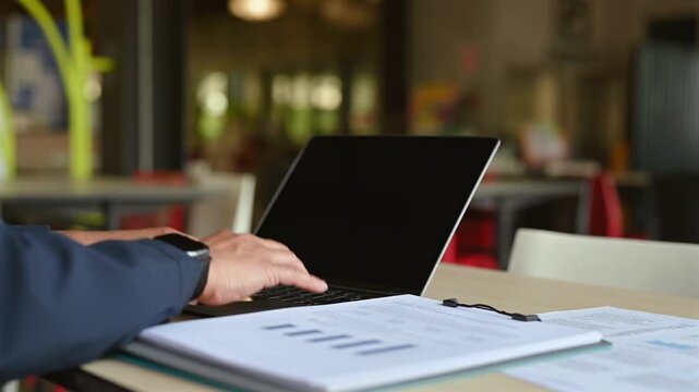 Professional research specialist performs research tasks, conducting financial analysis near laptop keyboard as secondary research data analysis highlights corporate growth performance metrics.