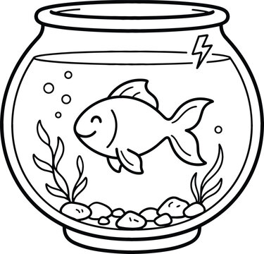 Cute hand drawn goldfish bowl vector illustration with line art domestic pet aquarium fish and plants