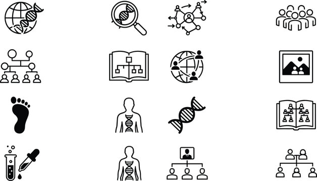 Human genetics anthropology and genealogy vector icon set featuring dna research family lineage mapping and scientific testing