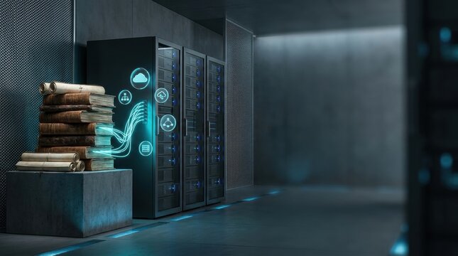 Paper archives emitting data str, advanced enterprise technology and data infrastructure concept