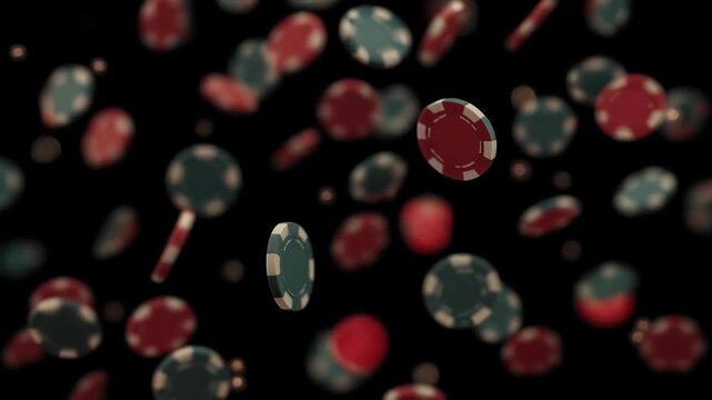 Abstract Red Teal Capsule Shape Floating with Casino Poker Chip Gambling Symbol Against Black