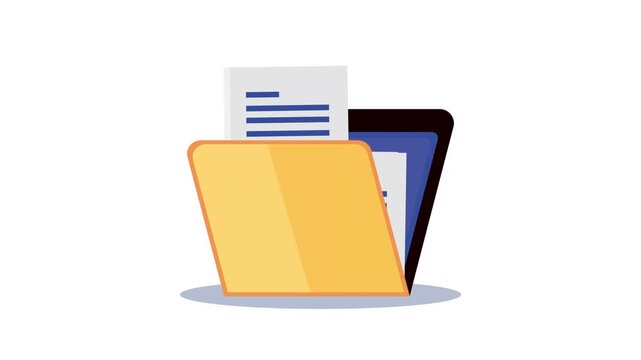 Animated graphic shows a document being inserted into a yellow folder and then removed, indicating organization and data management.