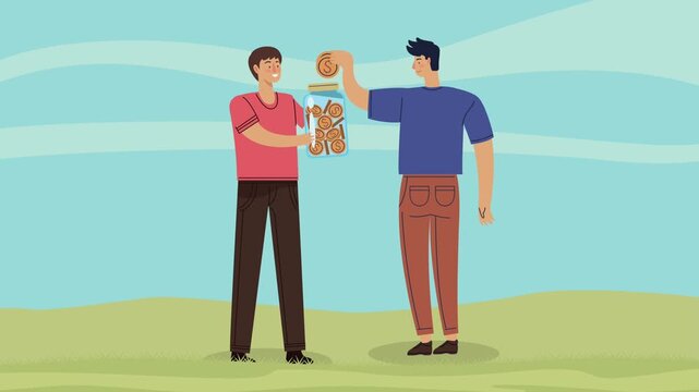 Animated young men putting gold dollar coins into glass savings jar outdoors on sunny day.