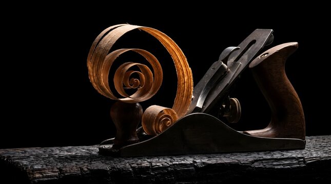 An antique hand plane carving delicate wooden spirals on burnt timber, representing the transformation of raw material into refined art through patient mastery.
