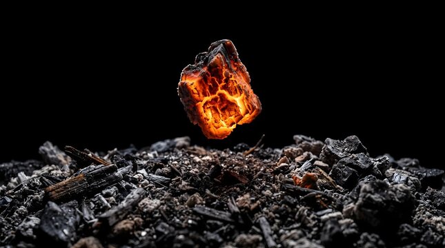 A glowing ember floating above dark charcoal ashes symbolizes a spark of inspiration rising from destruction, a metaphor for resilience, passion, and rebirth.