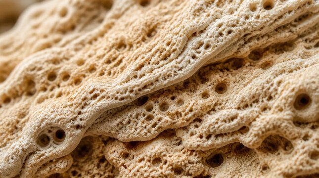 Detailed macro shot of porous beige coral skeleton showing intricate wavy textures