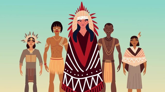 Indigenous people group animation representing diverse tribal cultures and traditional heritage on colorful background.