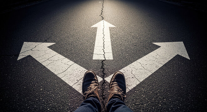 Feet standing on asphalt road with three white arrows pointing in different directions representing the concept of making a difficult life decision and finding the true way
