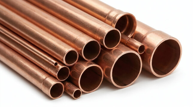 Stack of copper pipes and tubes of different diameters isolated on white background, used for industrial plumbing, heating, and water supply
