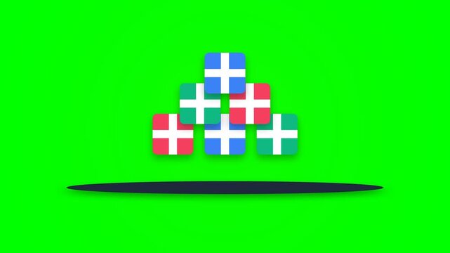 Colorful 3D Gift Boxes Floating and Rotating Animation on Green Screen.