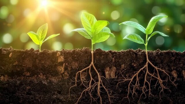 Young Green Plant Growth with Root System Fertile Soil Under Warm Sunlight for Natural Seedling