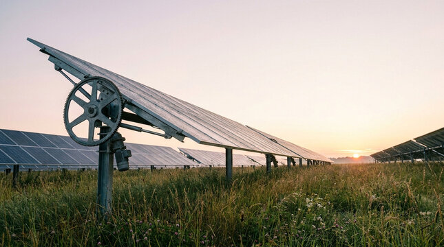 Single-axis solar tracking panel array pivoting over rural grassy terrain