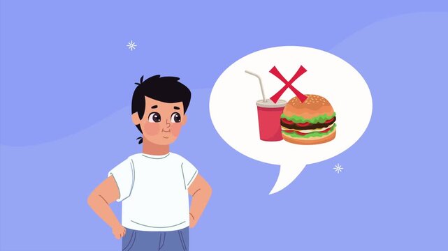 Little boy thinking about unhealthy fast food diet with burger and soda animation.
