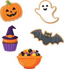 Fototapeta premium Cute cartoon Halloween treat cookies collection flat vector illustration. Pumpkin, ghost, bat, witch cupcake and candy bowl icons. Sweet holiday cookies design elements for festive seasonal
