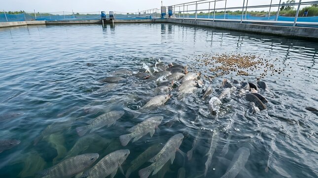 Tilapia Fish Feeding on Pelleted Aquafeed in Aquaculture Farm Pond