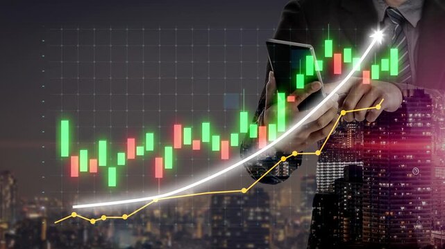 A businessman studies financial data on his smartphone, focusing on stock market trends with candlestick graphs. The vibrant city skyline adds to the dynamic atmosphere. Copula
