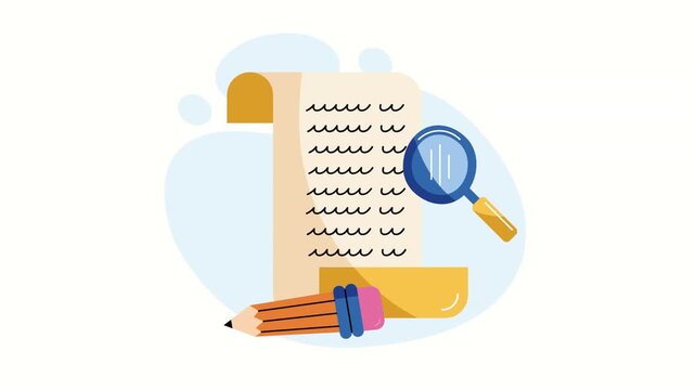 Animated paper scroll with magnifying glass and pencil for education and research projects.