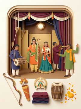 Dussehra Vijayadashami cultural scene with paper cut layered illustration