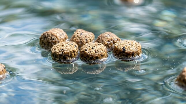 Macro Close Up Floating Fish Aquafeed Pellets Floating on Water Surface