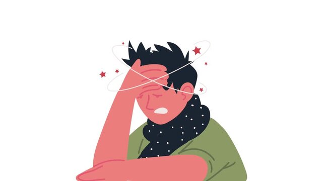 Animation of sick man with dizziness and headache symptoms having spinning stars around head.
