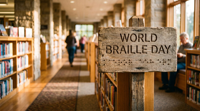 A wooden sign displaying world braille day text with tactile dots inside a library aisle with public library corridor stands blurred public sign engraved accessibility