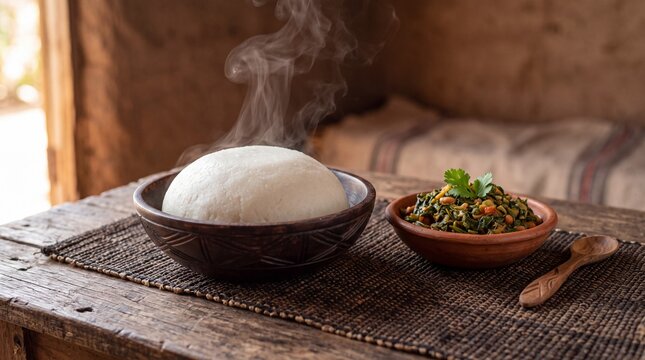 Nshima with Vegetable Relish, Zambian Maize Porridge Staple in Carved Wooden Bowl