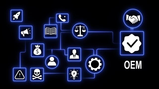 Dynamic oem business concept animation featuring glowing neon network nodes, connected corporate partnership symbols, and digital workflow infrastructure for modern enterprise solutions